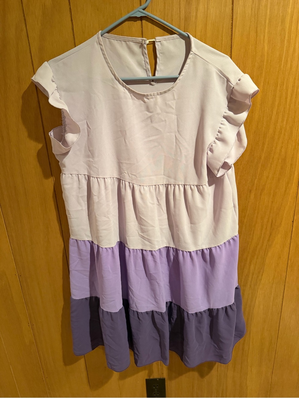 SHEIN Colorblock Tiered Ruffle Sleeve Dress in Light Pink, Lavender and Purple